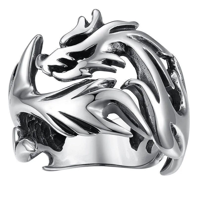 Adjustable metal ring with a luminous Chinese dragon pattern in antiqued silver, blue, and green colours.