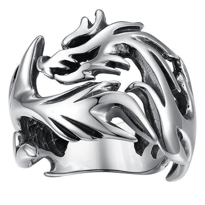 Adjustable metal ring with a luminous Chinese dragon pattern in antiqued silver, blue, and green colours.