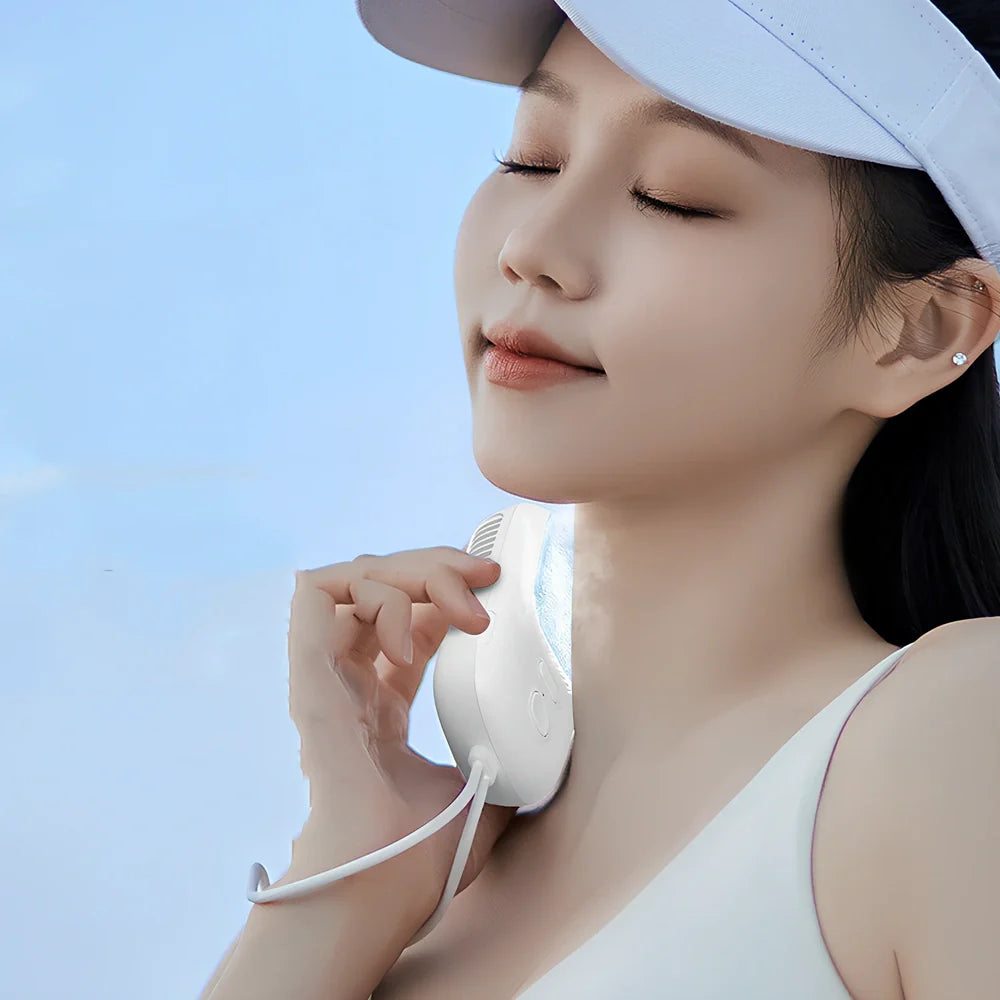 White USB neck fan with flexible band and ice muscle repair function showing 3-speed control