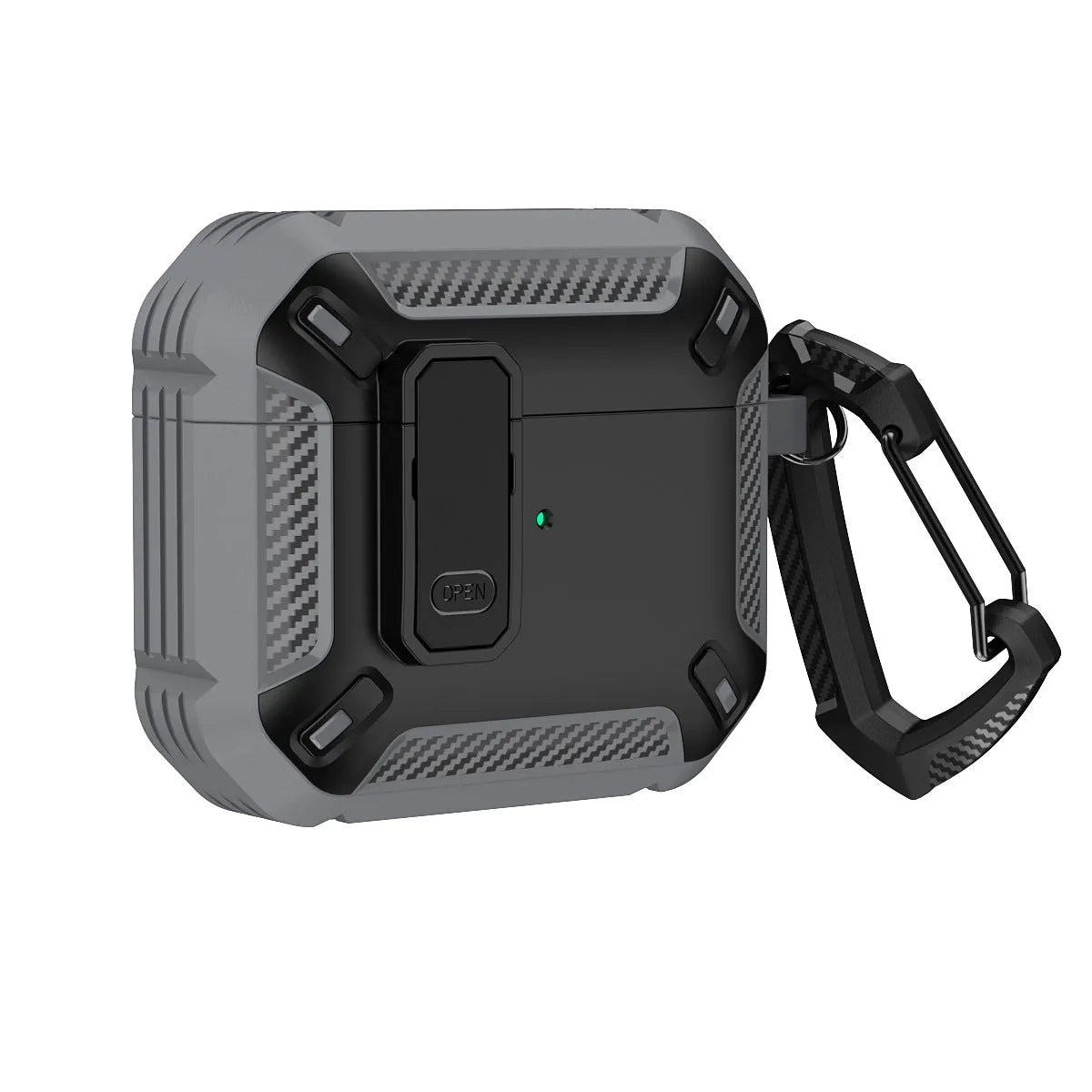 Hard plastic clamshell case for AirPods with a carabiner hook attached, shown in a black and yellow two-tone colour.
