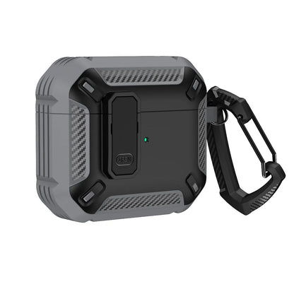Hard plastic clamshell case for AirPods with a carabiner hook attached, shown in a black and yellow two-tone colour.