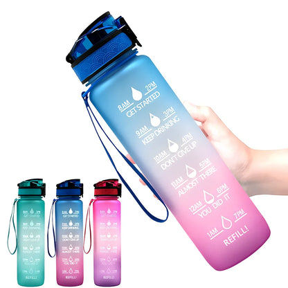 1000ml gradient plastic sports water bottle in blue-green, 29.5cm height, food grade with secure lid for hydration