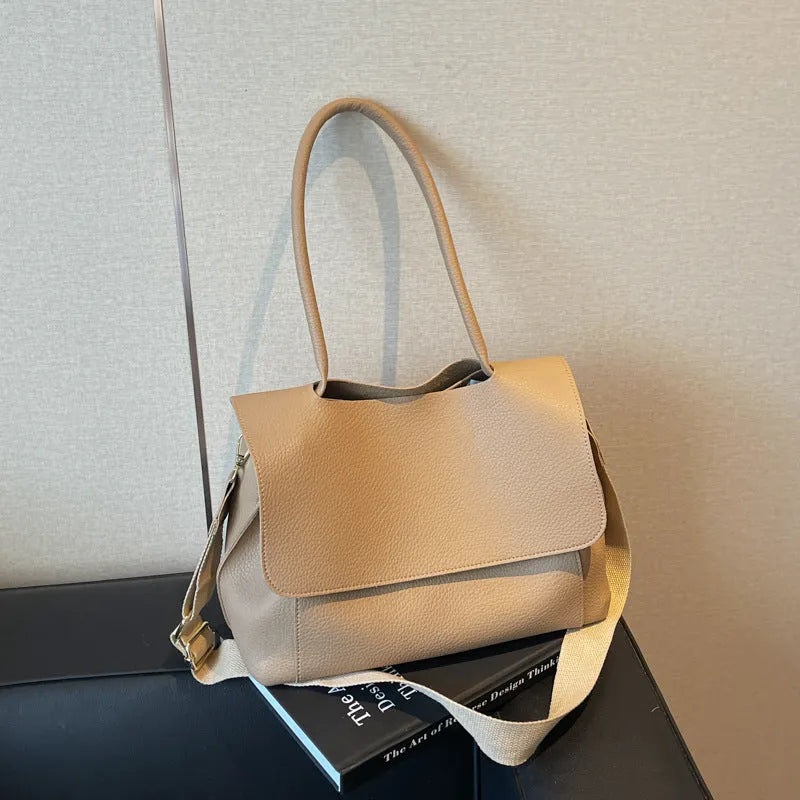 Horizontal square PU leather tote bag with double shoulder straps in khaki colour.