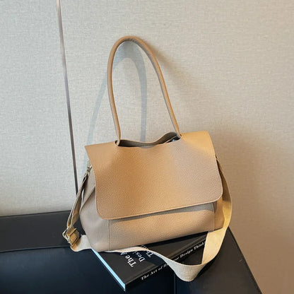 Horizontal square PU leather tote bag with double shoulder straps in khaki colour.