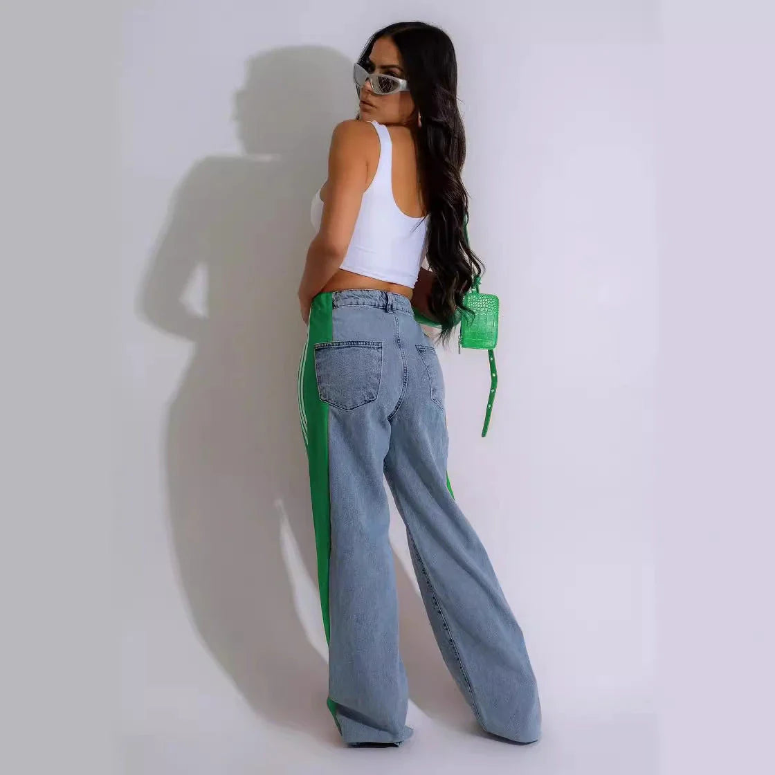 Stylish denim pants with three-stripe patchwork design in various color options