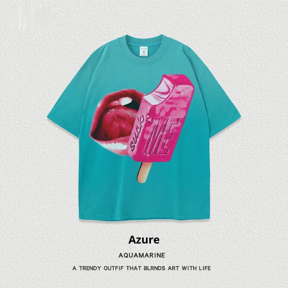 A loose-fit heavy washed cotton T-shirt with a cartoon print, shown in a selection of available colours.