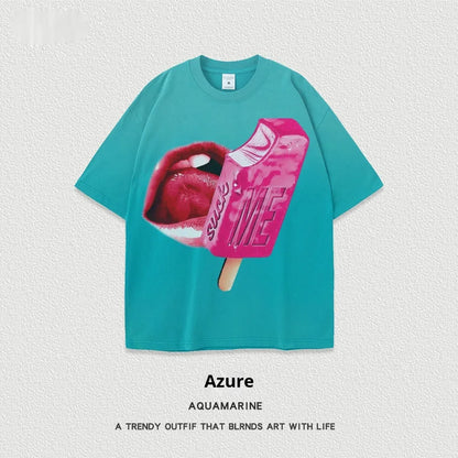 A loose-fit heavy washed cotton T-shirt with a cartoon print, shown in a selection of available colours.