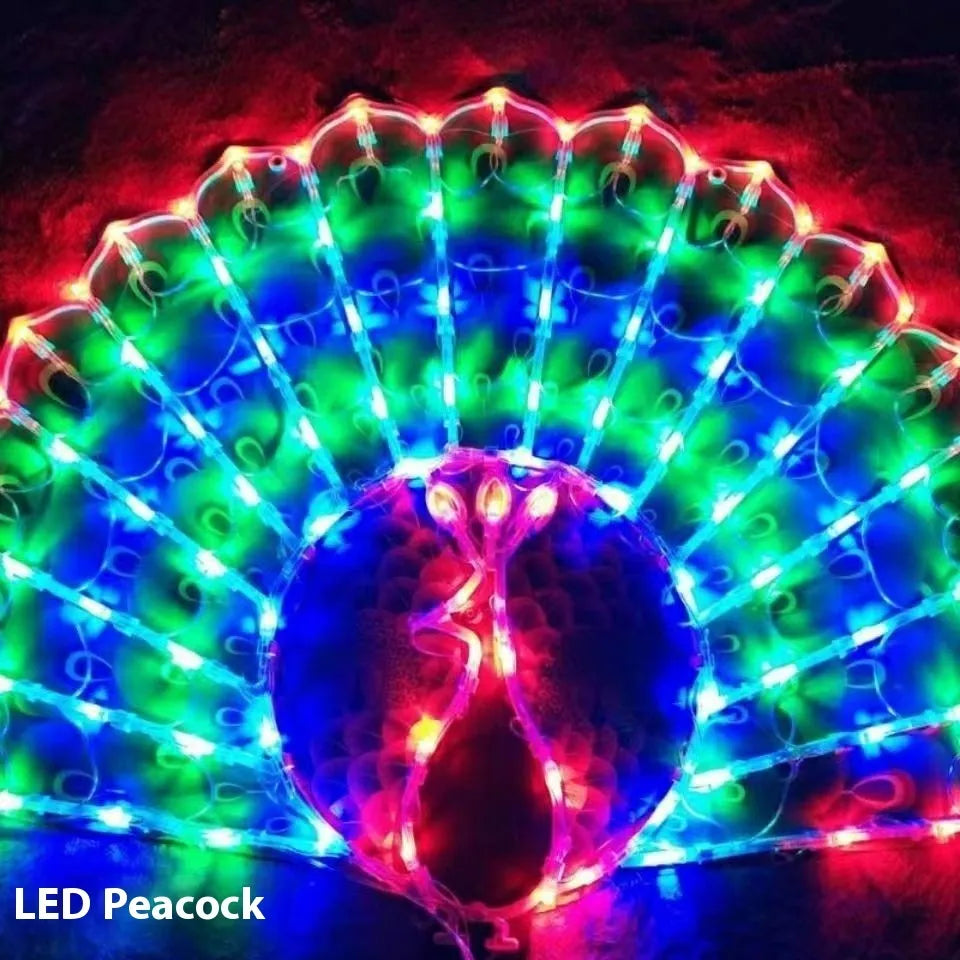 Plug-in outdoor string lights with peacock, love, sunflower, and star designs, rated IP44 for weather resistance.