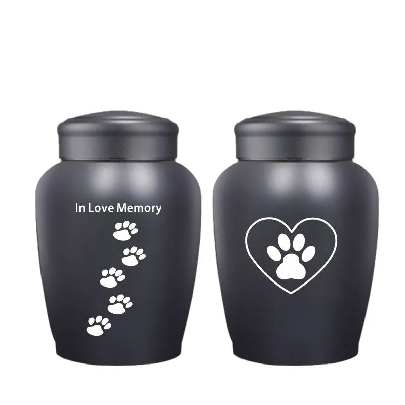 Stainless steel funerary urn with hand-painted Chinese design, large 2500ml capacity.