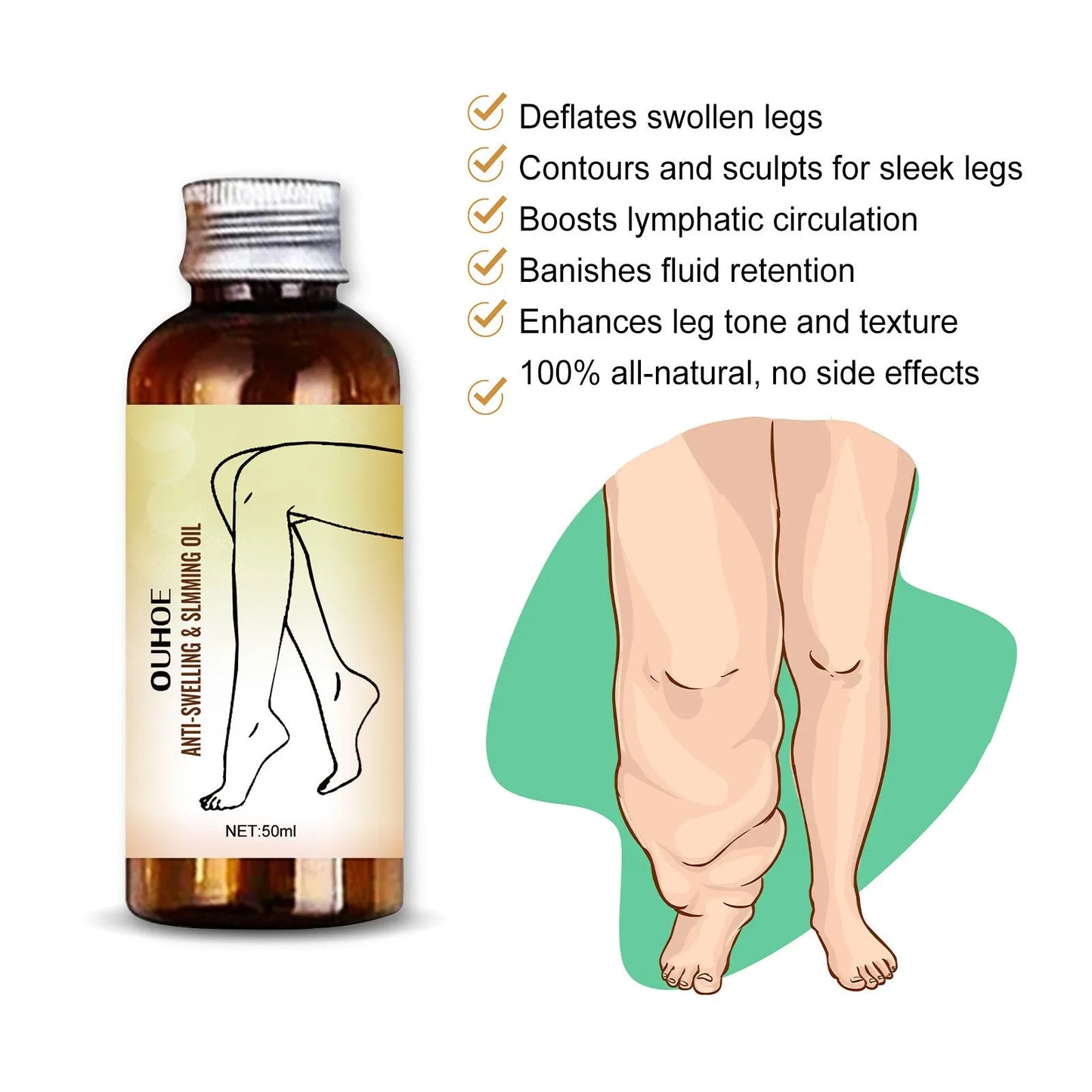 50ml bottle of essential oil for body moisturization and leg massage with botanical extracts