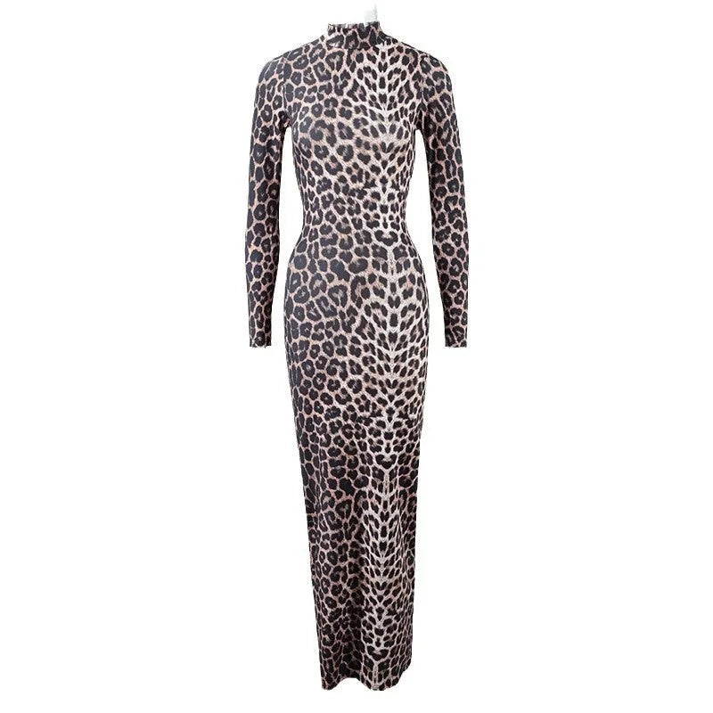 Leopard print dress with stand collar, long sleeves, and hip-hugging silhouette