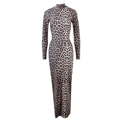 Leopard print dress with stand collar, long sleeves, and hip-hugging silhouette