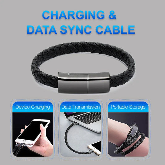 Stylish leather bracelet with built-in charging cable for smartphones and USB-C devices