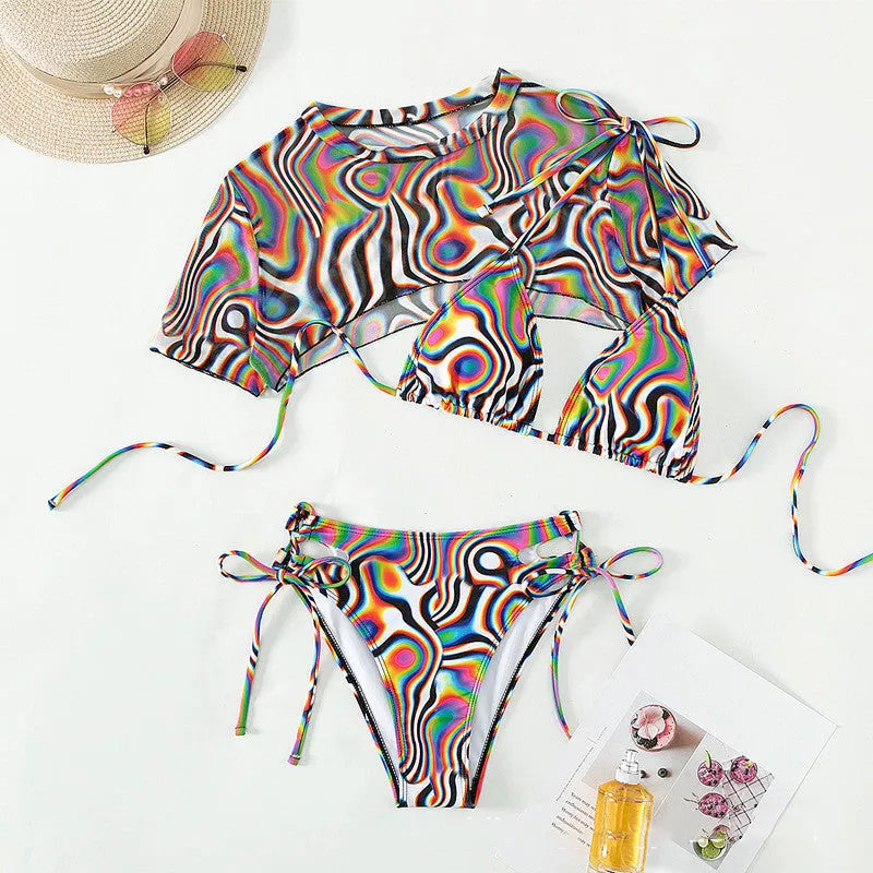 Women's Rope Mesh Bikini Swimsuit in colourful red with unique texture
