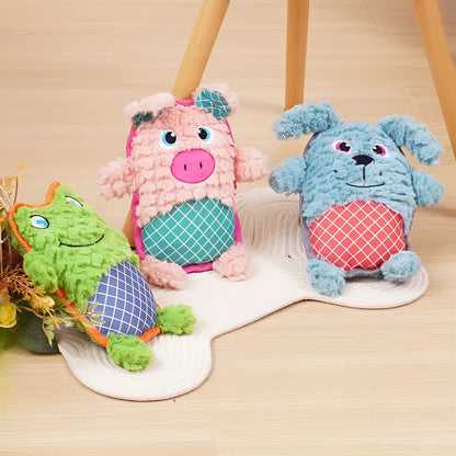 Blue, green, and pink stuffed plush dog toys with squeakers for bite-resistant chewing.