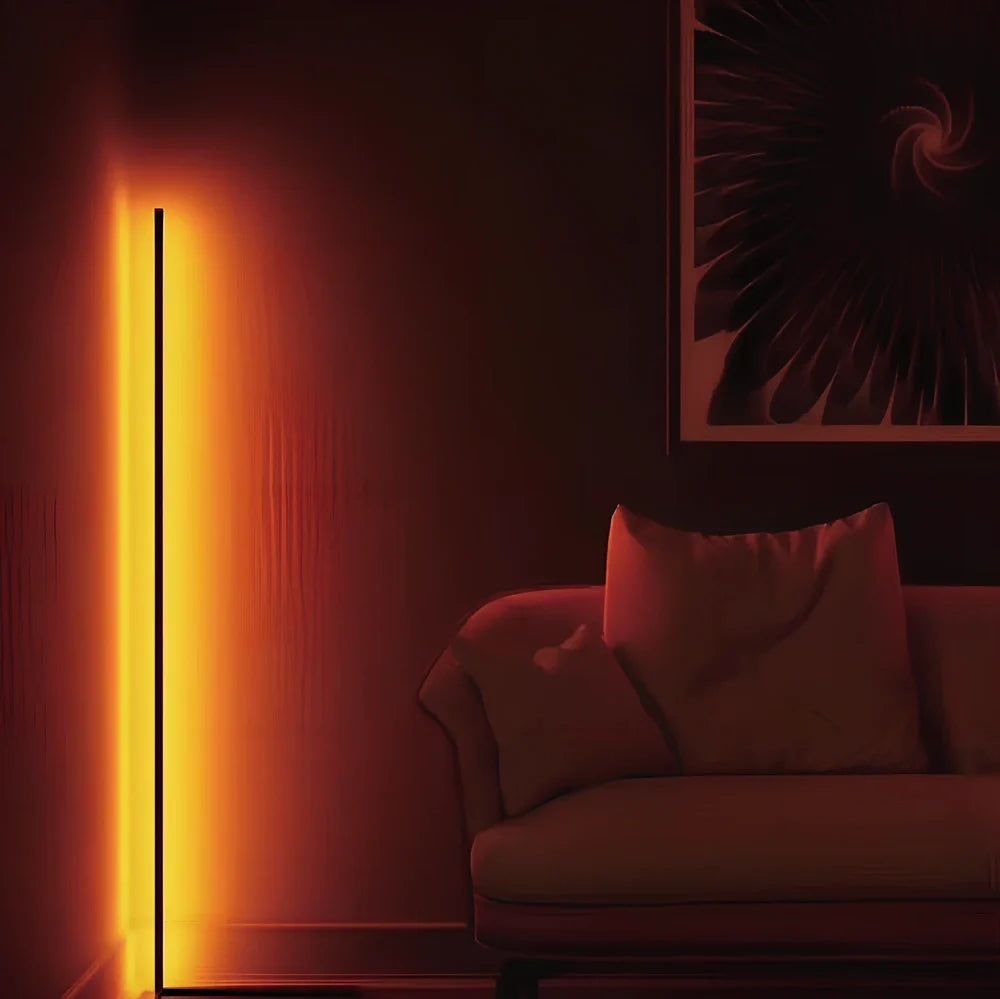 Black Bedroom Symphony RGB floor lamp with aluminium body, silicone shade, and 52-key remote for music-synced lighting