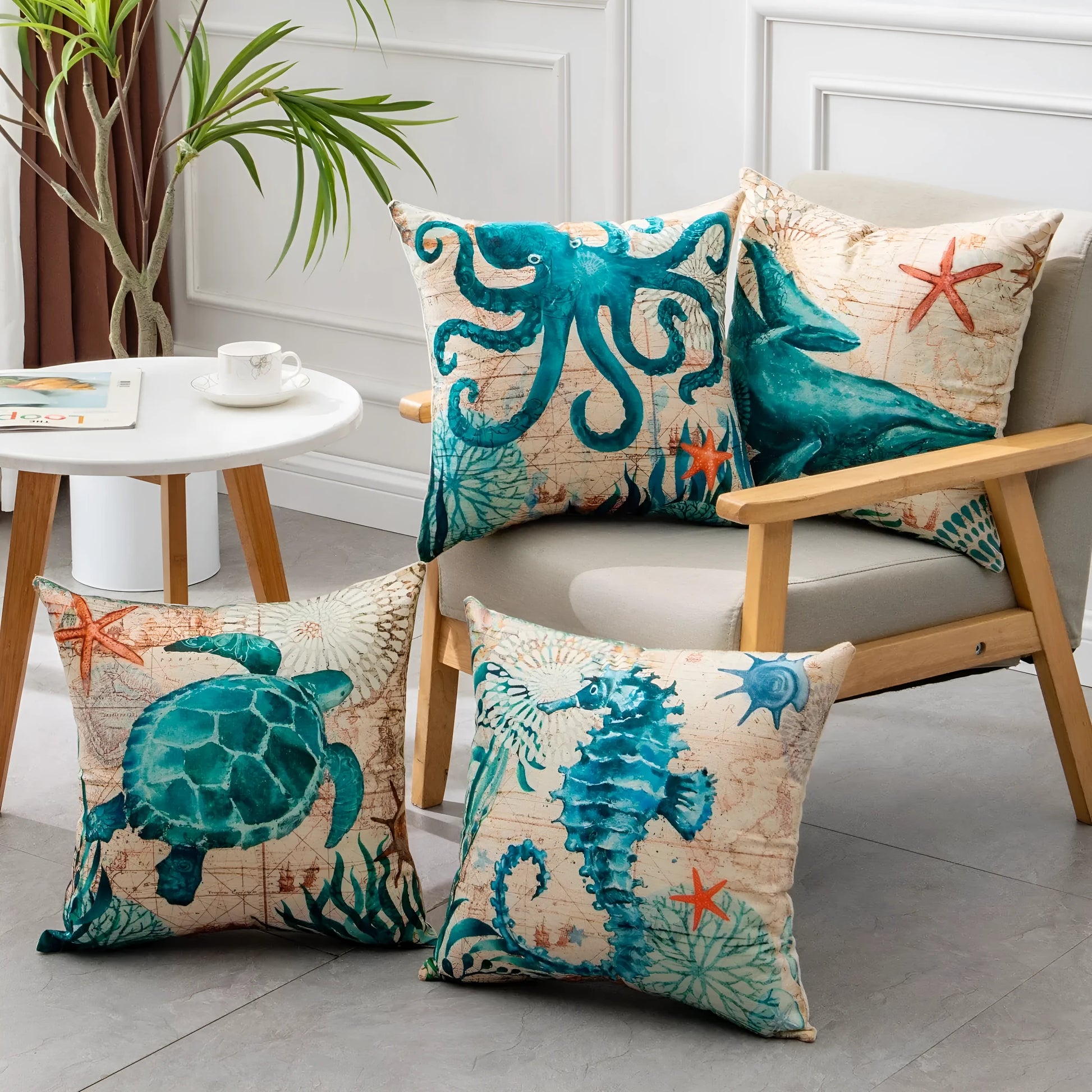 Linen cushion cover with detailed sea turtle pattern, showing invisible zipper closure.