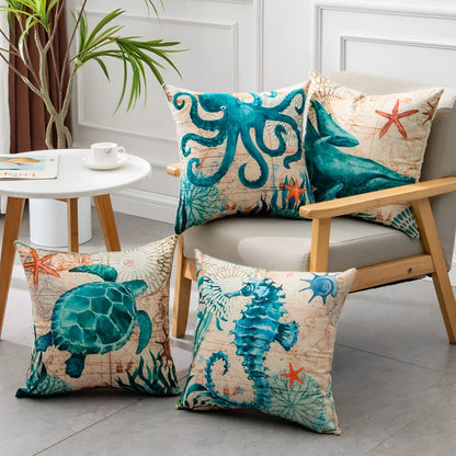 Linen cushion cover with detailed sea turtle pattern, showing invisible zipper closure.