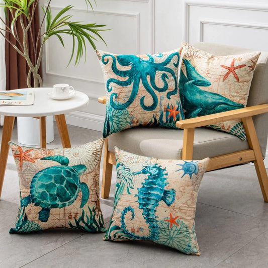 Colorful throw pillow covers featuring vibrant sea creature designs like turtles, octopuses, and seahorses printed on soft, durable linen fabric