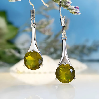 Olive green topaz earrings with water drop shape, electroplated alloy construction, and retro style for women