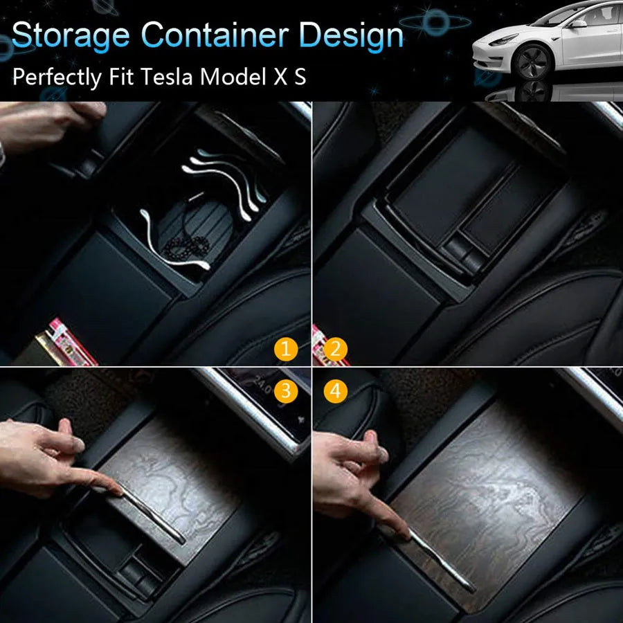 Black wireless charging storage box with QI compatibility and fast charging capability