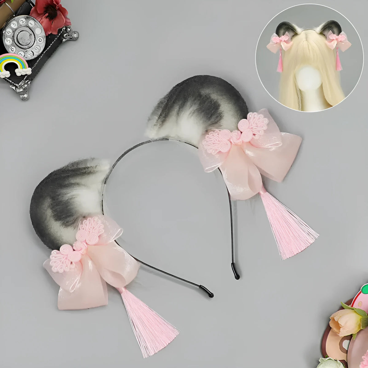 Plush panda animal ears headband with tassel in pink, blue, green and purple, handmade unisex Chinese style hair accessory