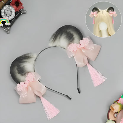 Plush panda animal ears headband with tassel in pink, blue, green and purple, handmade unisex Chinese style hair accessory