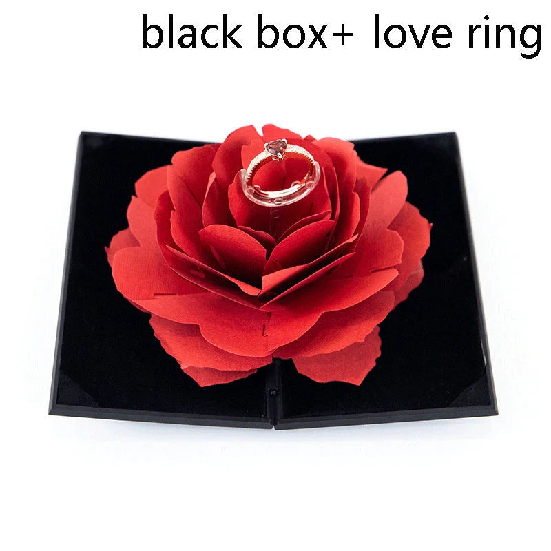 Heart-shaped 3D Love Box with rotating rose flower for ring display in red and pink