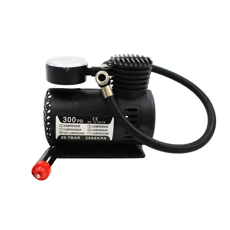 Black 12V mini car tyre air pump measuring 13.5x12x7cm with factory direct specifications