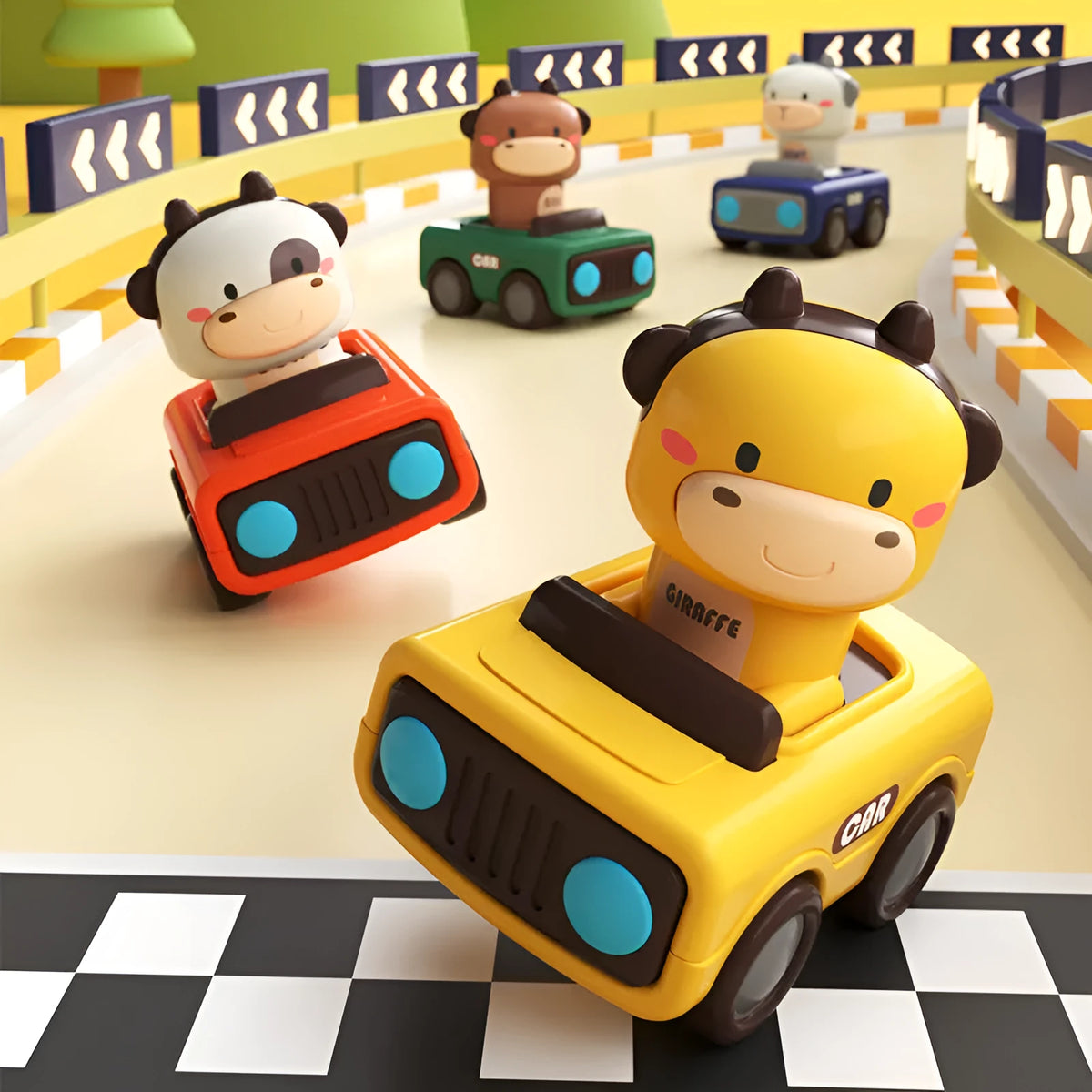 Plastic pressing animal car toy in yellow deer, orange calf, blue lamb, and green calf colours