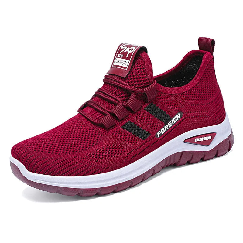 Casual breathable mesh shoes with flat PVC sole in purple, grey, red, and black colour options