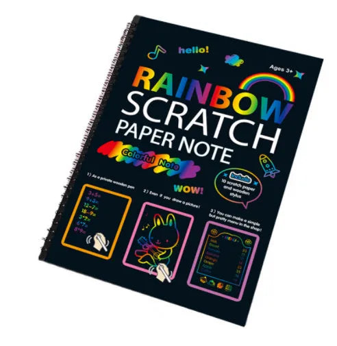 Children's large scratch art paper showing colourful patterns revealed through scraping