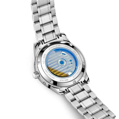 Men's stainless steel mechanical watch with sapphire crystal glass and leather strap showing transparent caseback