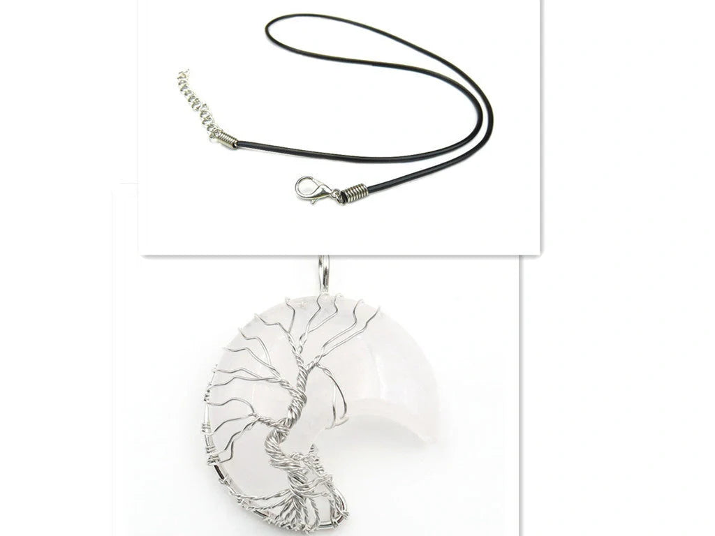 Handmade moon-shaped Tree of Life pendant necklace in natural crystal stone