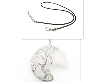Handmade moon-shaped Tree of Life pendant necklace in natural crystal stone