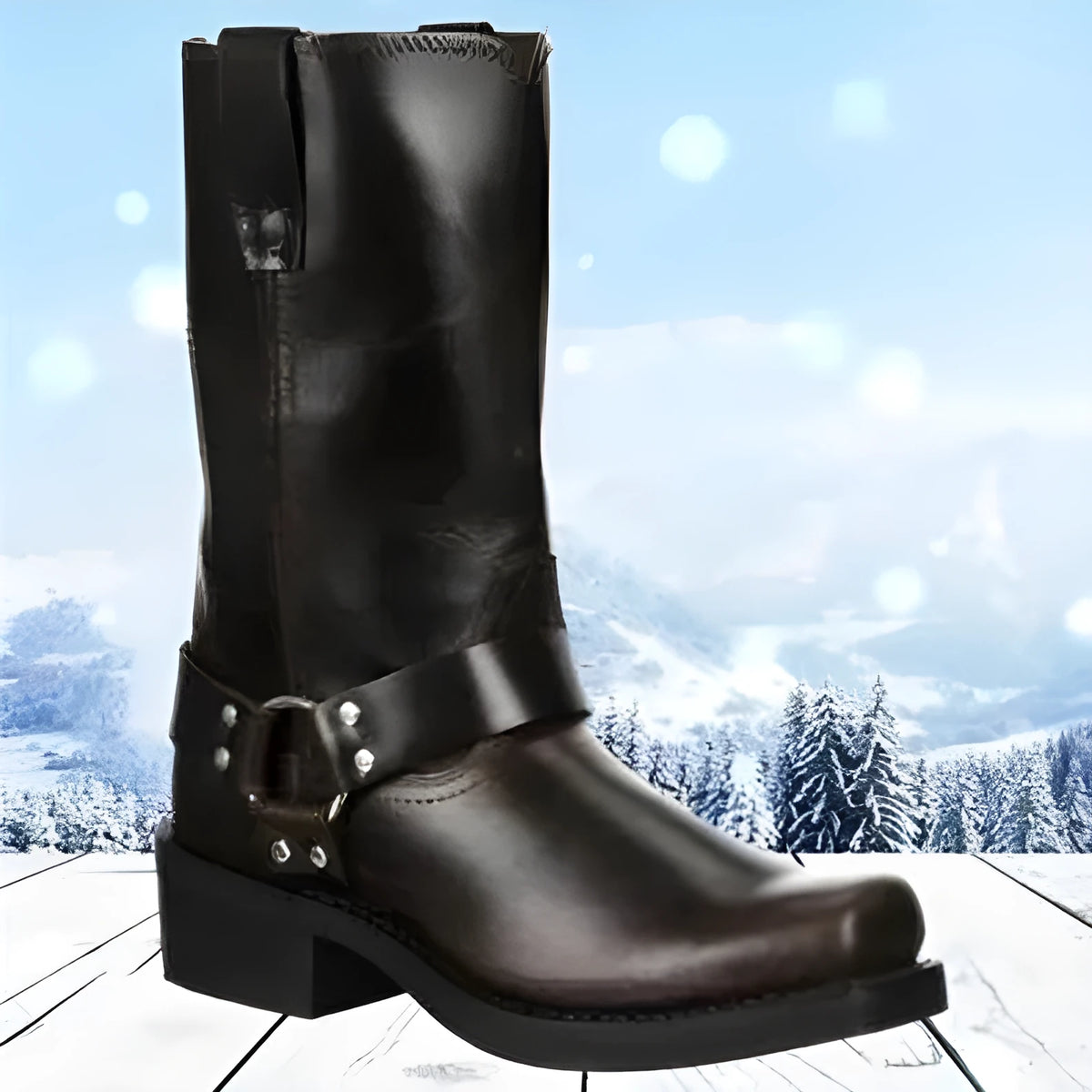 Men's brown cowboy boots with silver buckle ring detail on high-top leather design
