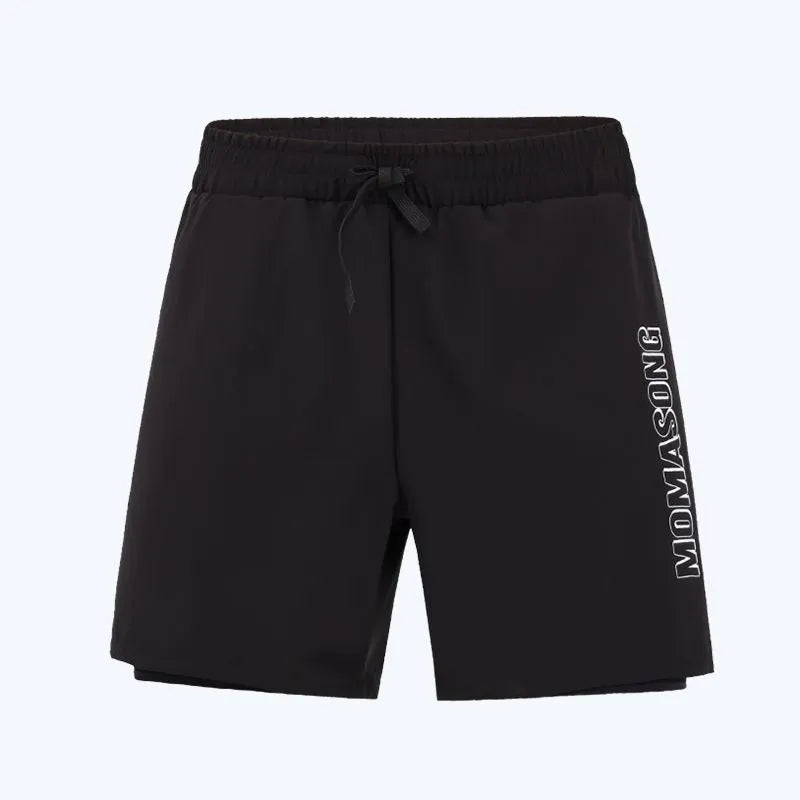 Men's white long-sleeved swim top and matching blue swim trunks set on a beach background.