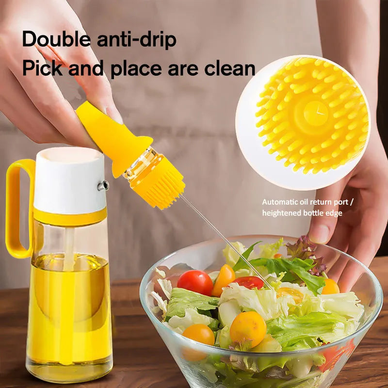 Yellow 2-in-1 oil dispenser with silicone brush, 550ml glass bottle with stainless steel nozzle
