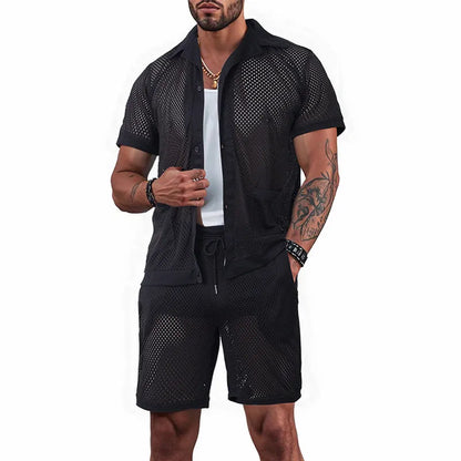 Light blue see-through beach shorts suit with matching cardigan on a summer background.
