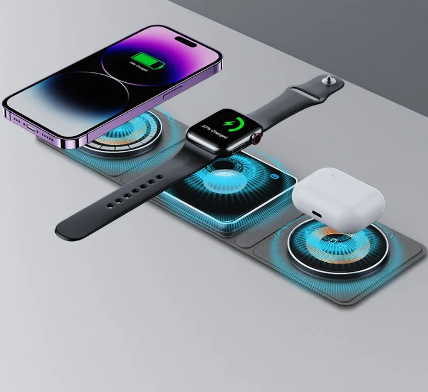 Transparent acrylic Magsafe magnetic wireless charging stand with black accents for three-device charging