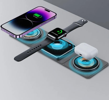 Transparent acrylic Magsafe magnetic wireless charging stand with black accents for three-device charging