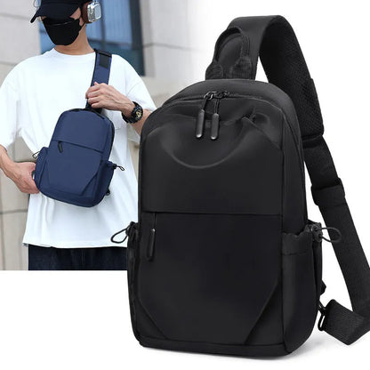 Men's waterproof messenger bag in grey showing front pocket and adjustable shoulder strap