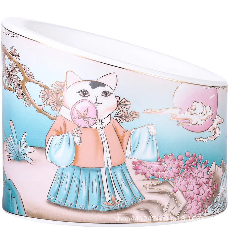 Chinese style ceramic cat bowl with high legs and double compartments
