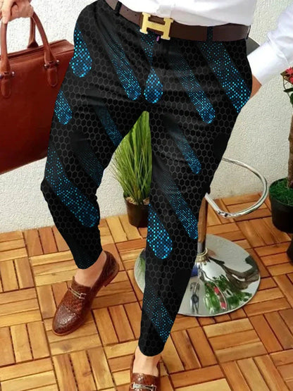 Men's straight-leg plaid trousers in cotton blend fabric showing multiple size options