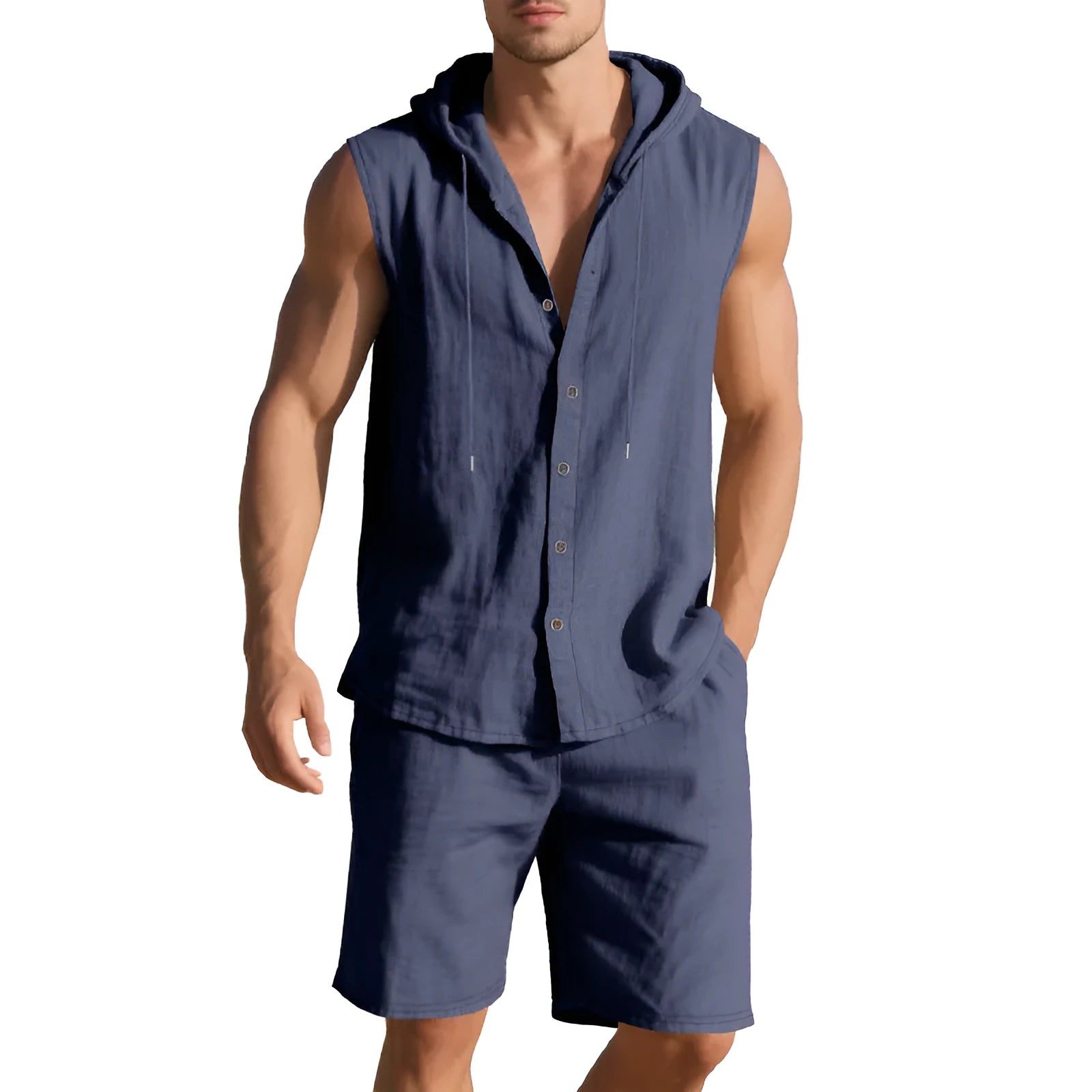 Men's linen sleeveless shirt and shorts suit in multiple colour options