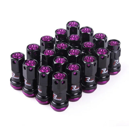 Set of aluminium alloy wheel hub nuts in various colours including red, gold, blue, purple and black combinations