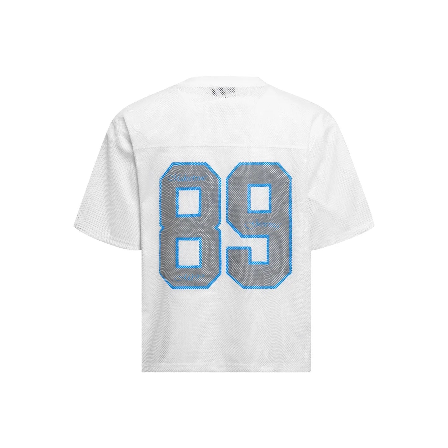 Black loose-fit casual T-shirt with white alphanumeric graphic printing on the front.