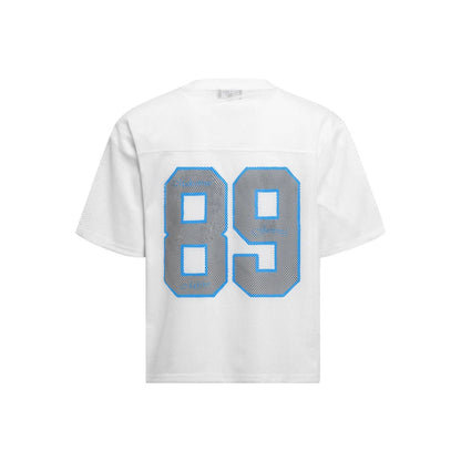 Black loose-fit casual T-shirt with white alphanumeric graphic printing on the front.