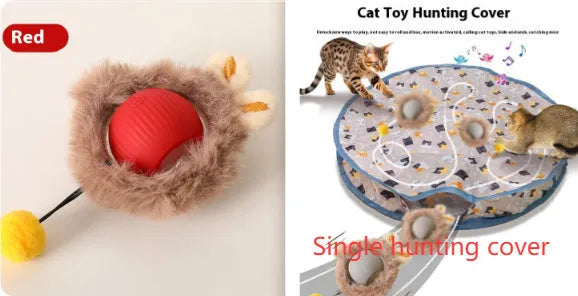 Silicone rolling ball cat toy showing red, green, and grey colour options with self-hi motion mechanism