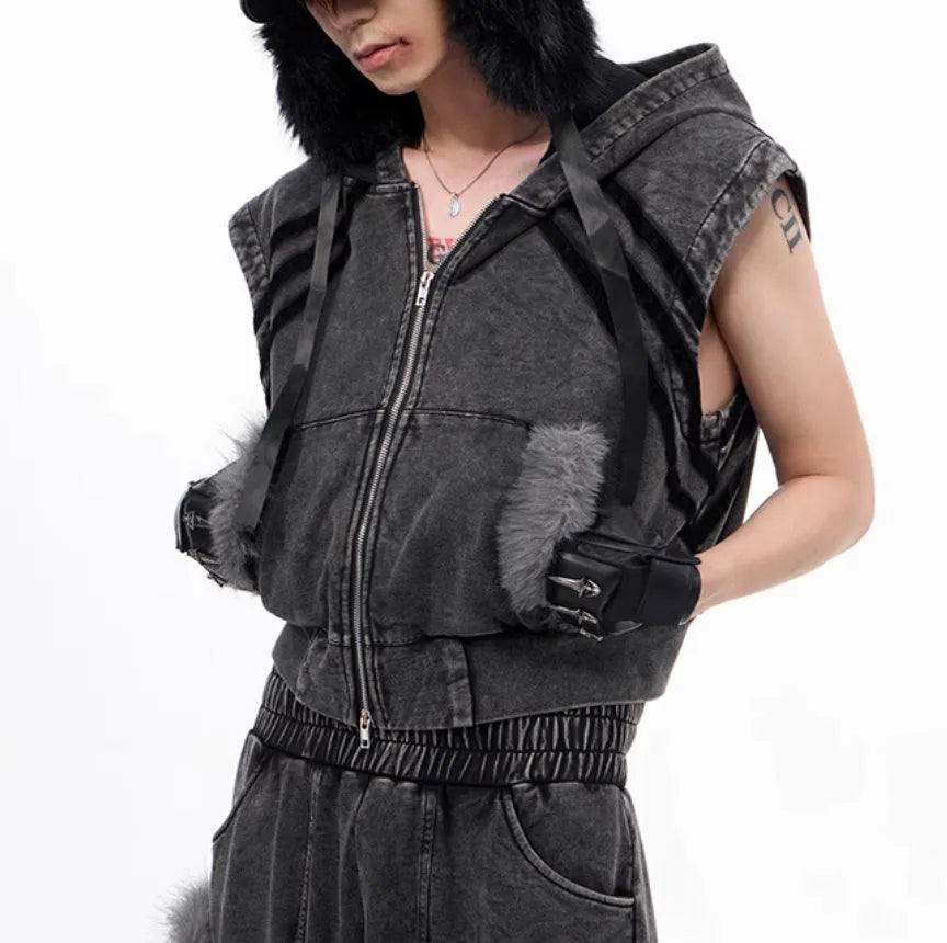 Korean style sleeveless tank top with hooded collar and zippered front paired with matching trousers